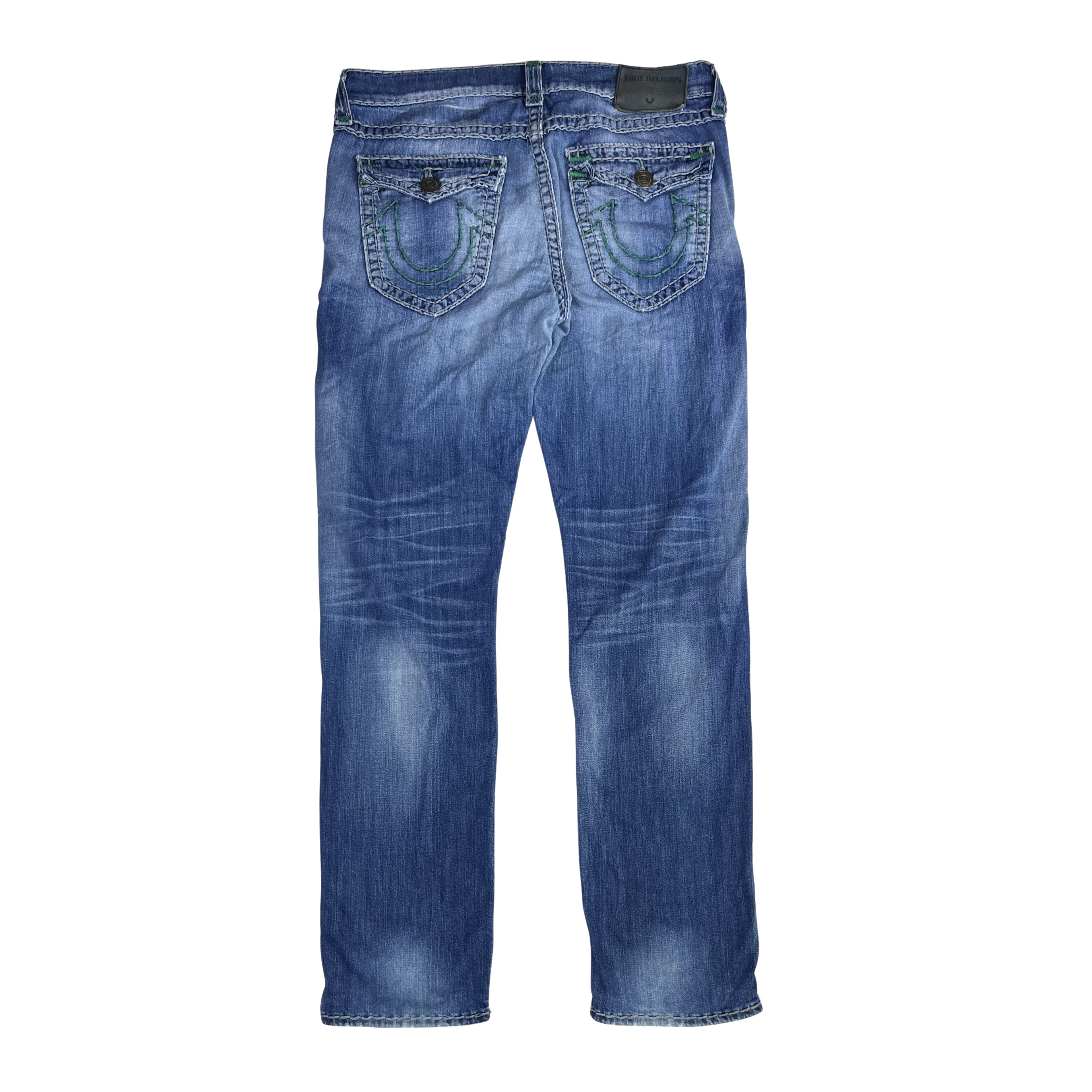 TRUE RELIGION STRAIGHT – LIGHT WASH GREEN STITCH