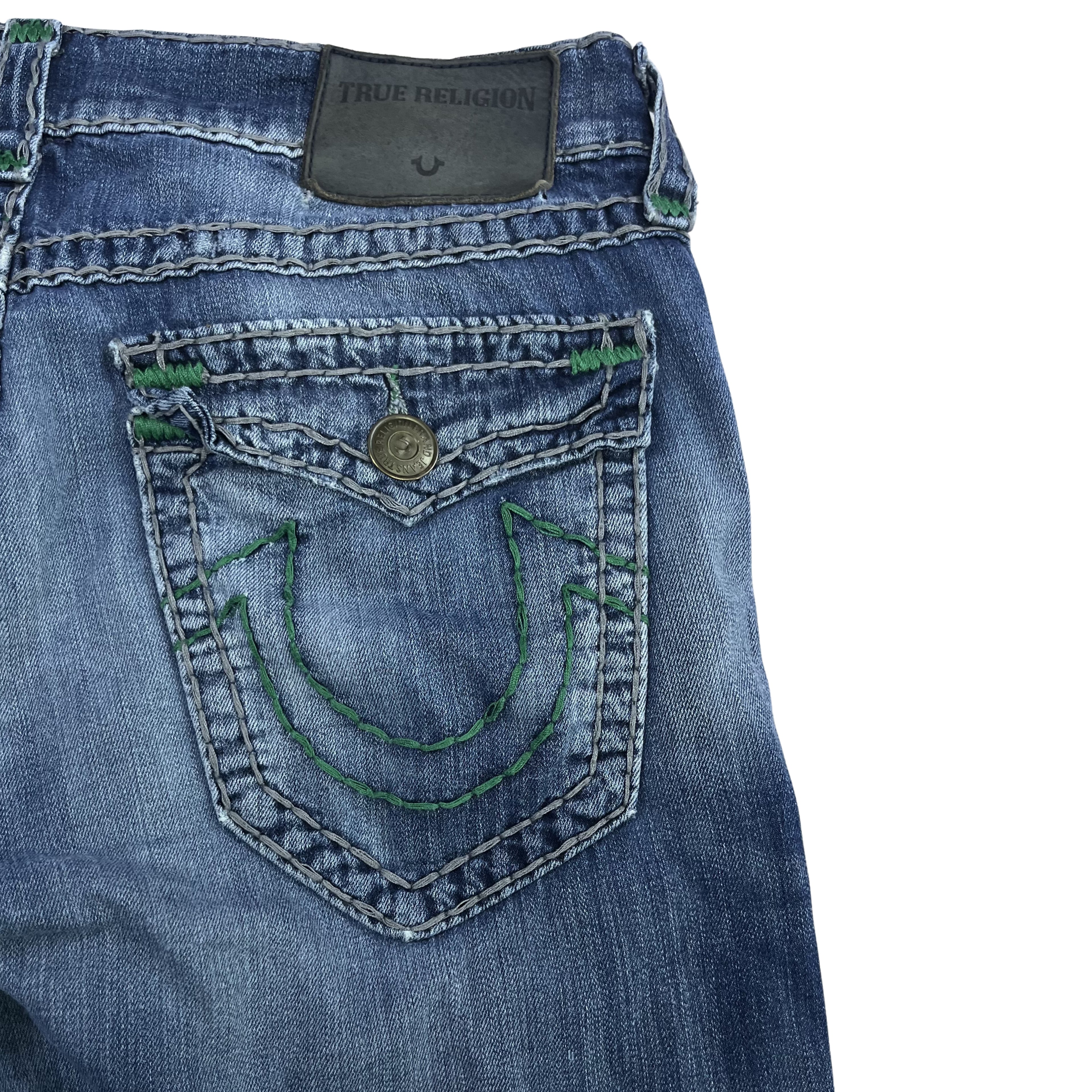 TRUE RELIGION STRAIGHT – LIGHT WASH GREEN STITCH