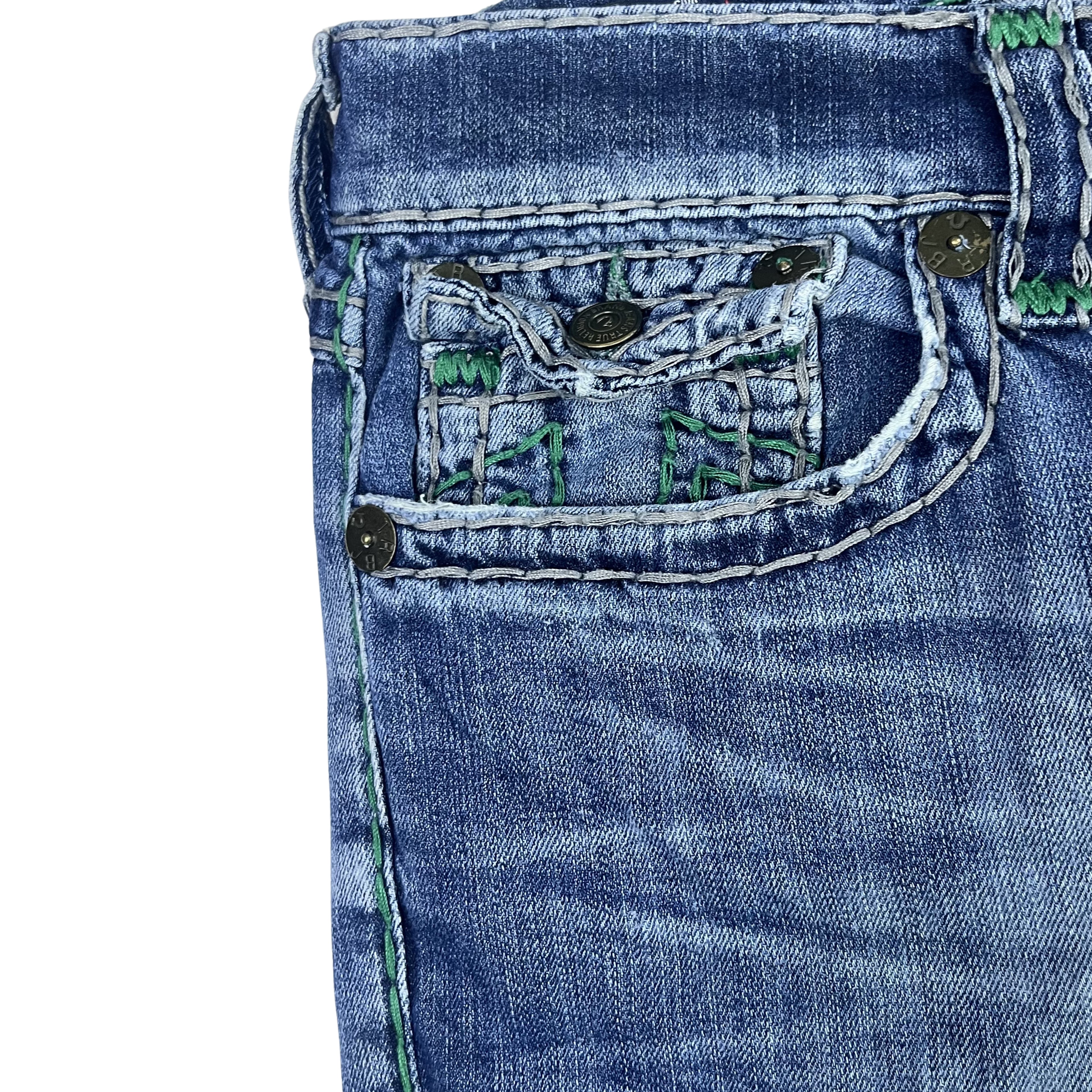 TRUE RELIGION STRAIGHT – LIGHT WASH GREEN STITCH