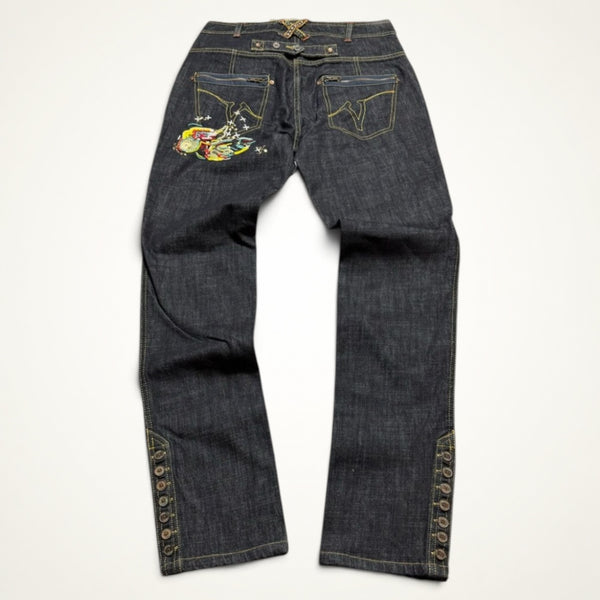 Y2K Embroidered Button Hem Jeans (Dark Wash)