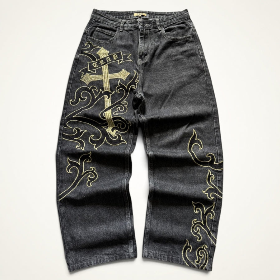 Y2K Cross Embroidered Baggy Jeans (Black)