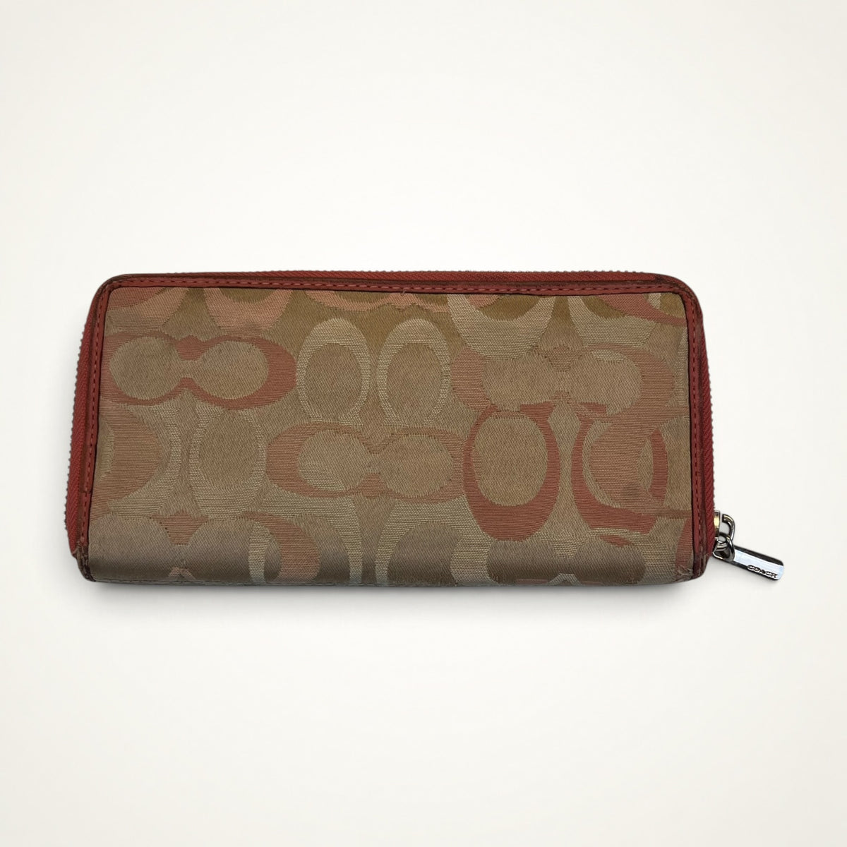Coach Signature Zip Around Wallet (Khaki/Coral)