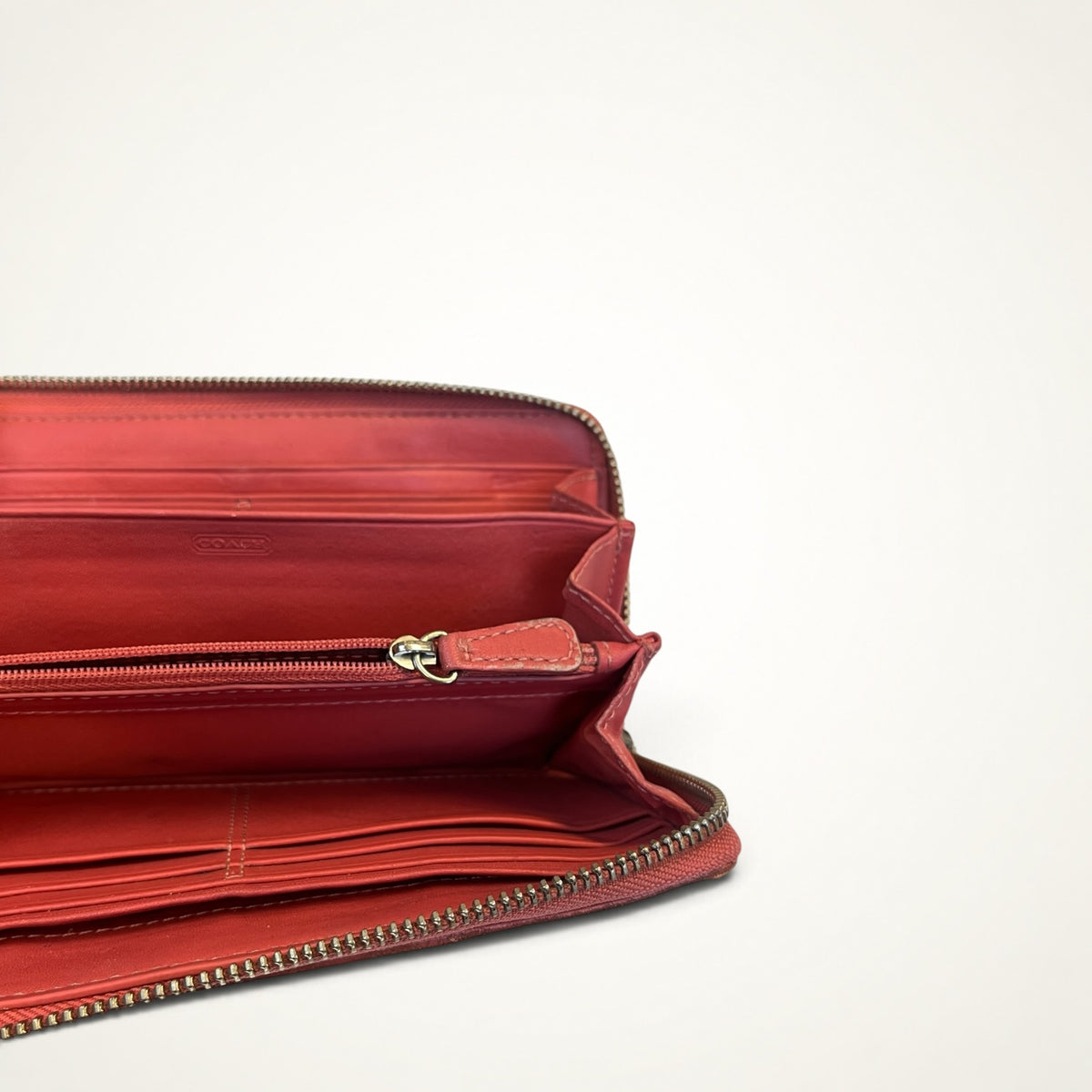 Coach Signature Zip Around Wallet (Khaki/Coral)