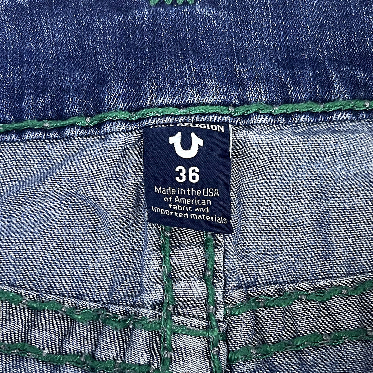 TRUE RELIGION STRAIGHT – LIGHT WASH GREEN STITCH
